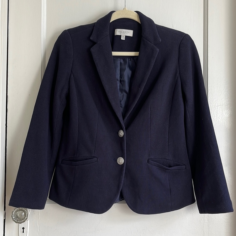 4P Talbots Navy Blue Cotton Knit Blazer Nautical Buttons Fully Lined w/ Pockets